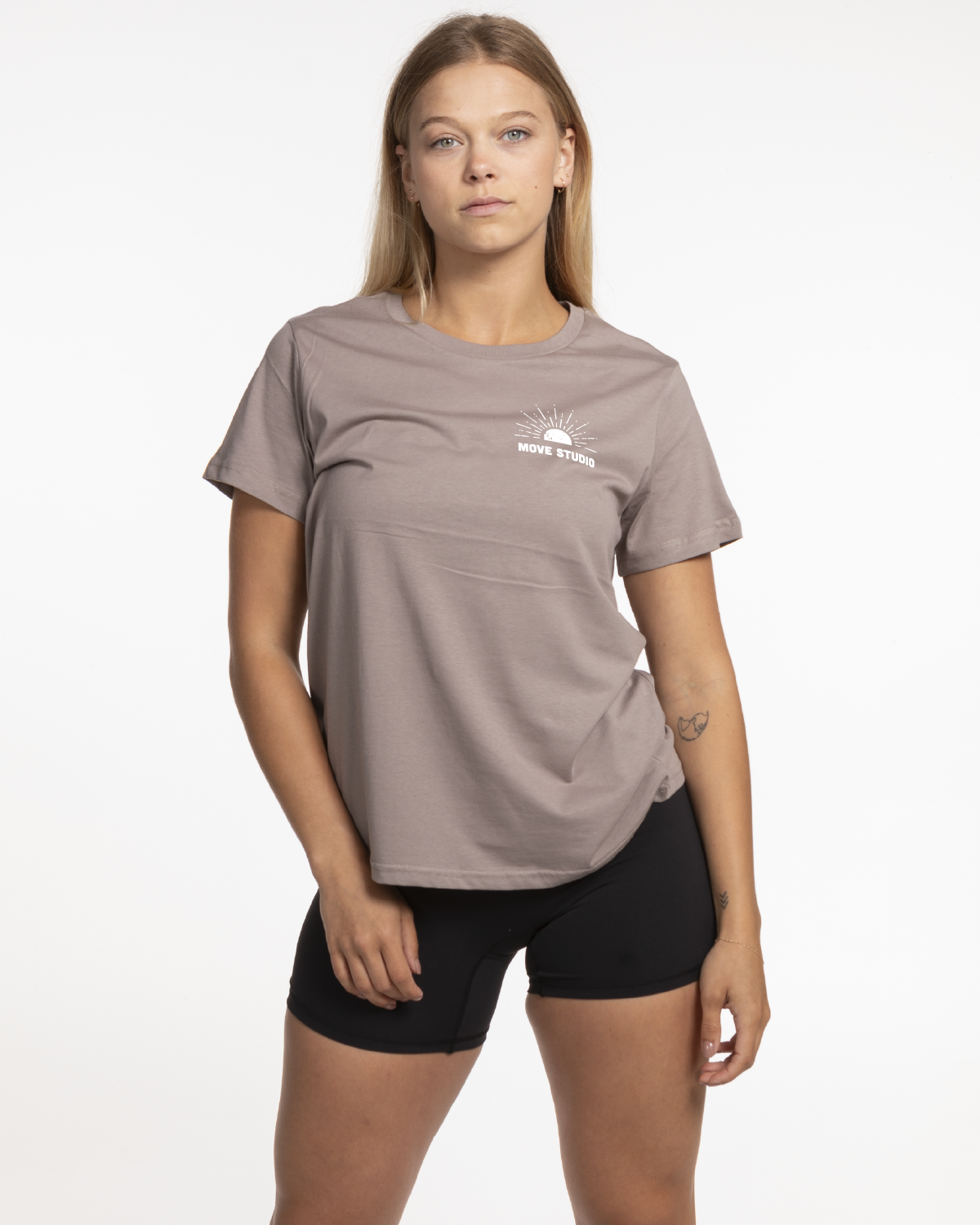 Move Studio Womens Tee - Mushroom - Sunshine Logo