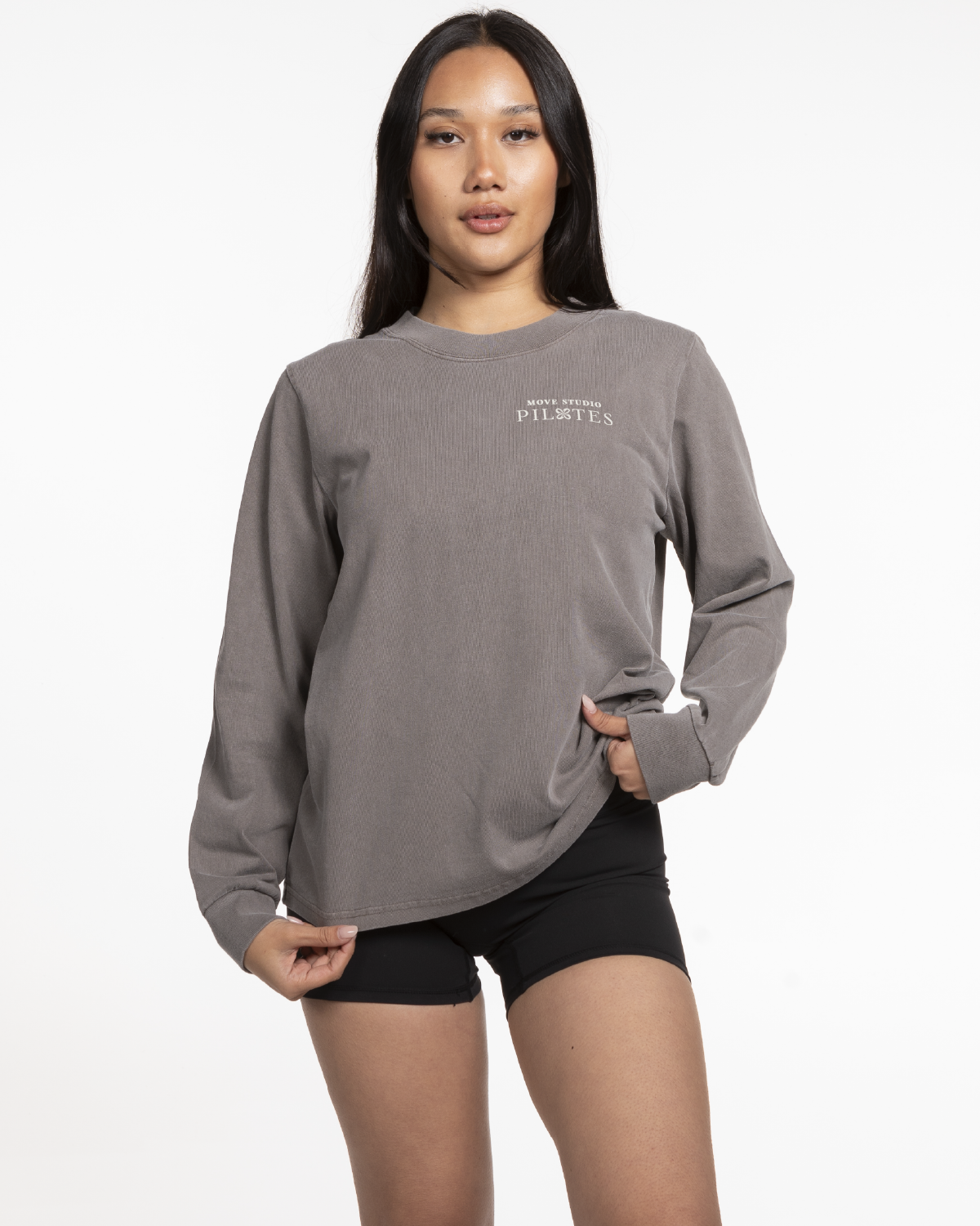 Move Studio Womens Heavyweight Long Sleeve - Washed Gray - Pilates Athletic Club Logo