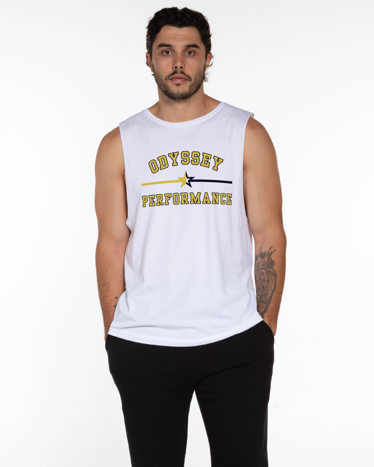The Muscle Tank - White - Odyssey Performance - Center Chest Stacked - Middle Star - Full Color