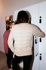 The Mens Heavyweight Long Sleeve - Washed Khaki - Collective Studios - Left Chest & Back Stacked - Printed - White