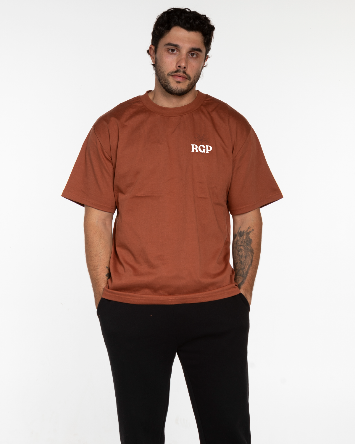 The Mens Heavyweight Tee - Cinnamon - Real Good Pilates - Left Chest "RGP & Center Back Stacked - Printed - Tone on Tone