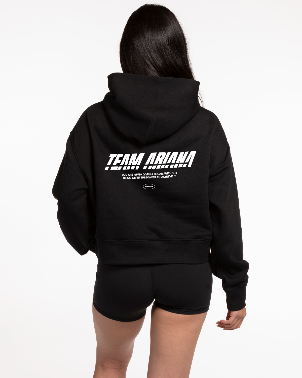 The Womens Crop Hoodie - Black - Team Ariana - Center Chest & Back Center Stacked - White
