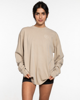 The Mens Heavyweight Long Sleeve - Washed Khaki - Collective Studios - Left Chest & Back Stacked - Printed - White