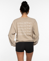 The Mens Heavyweight Long Sleeve - Washed Khaki - Collective Studios - Left Chest & Back Stacked - Printed - White