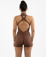 The High Neck Zip Jumpsuit - Brown - The Whole You Wellness - Back Neckline - Printed - White