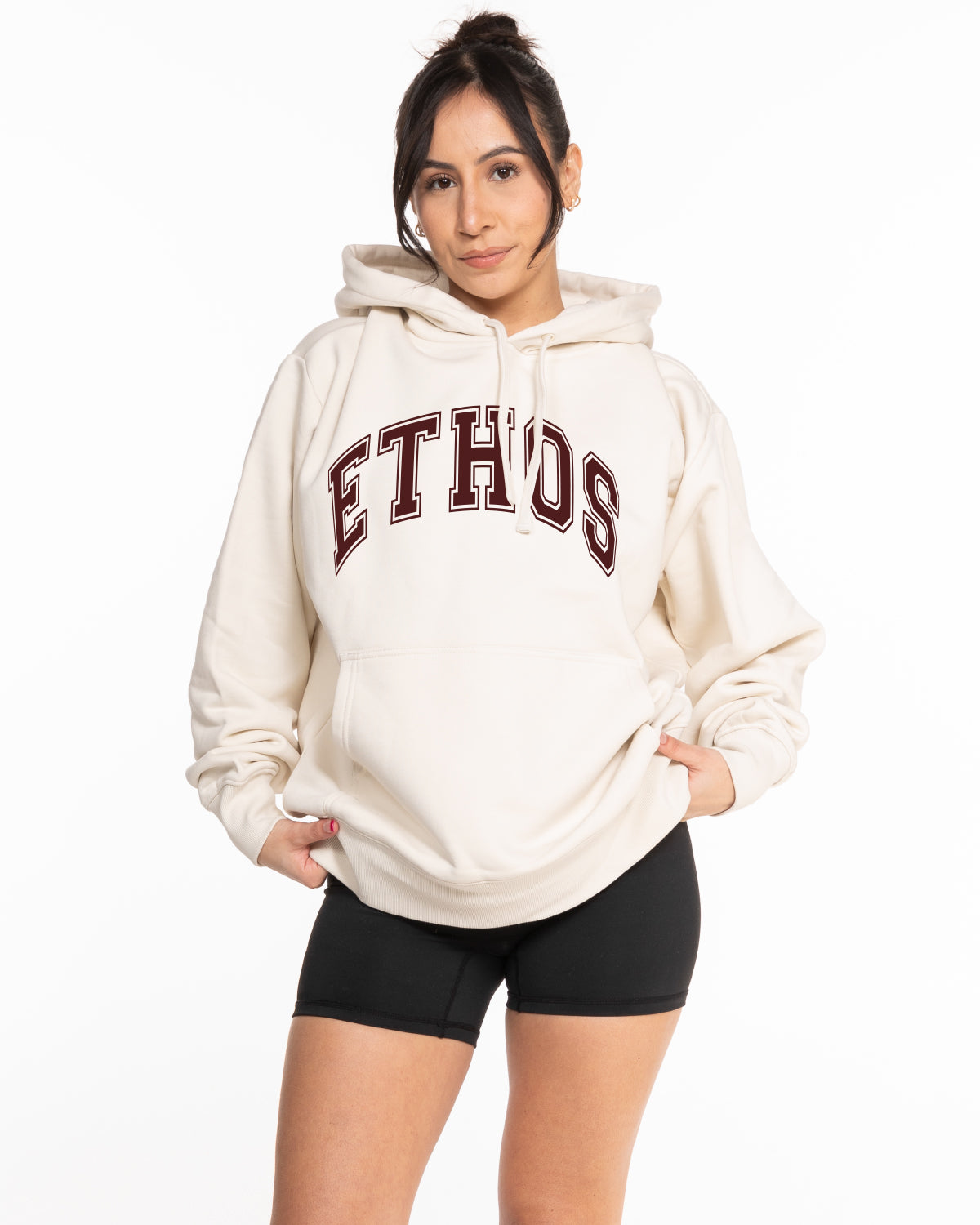 The Mens Heavyweight Hoodie - Off White - Ethos Collegiate- Center Chest - Maroon
