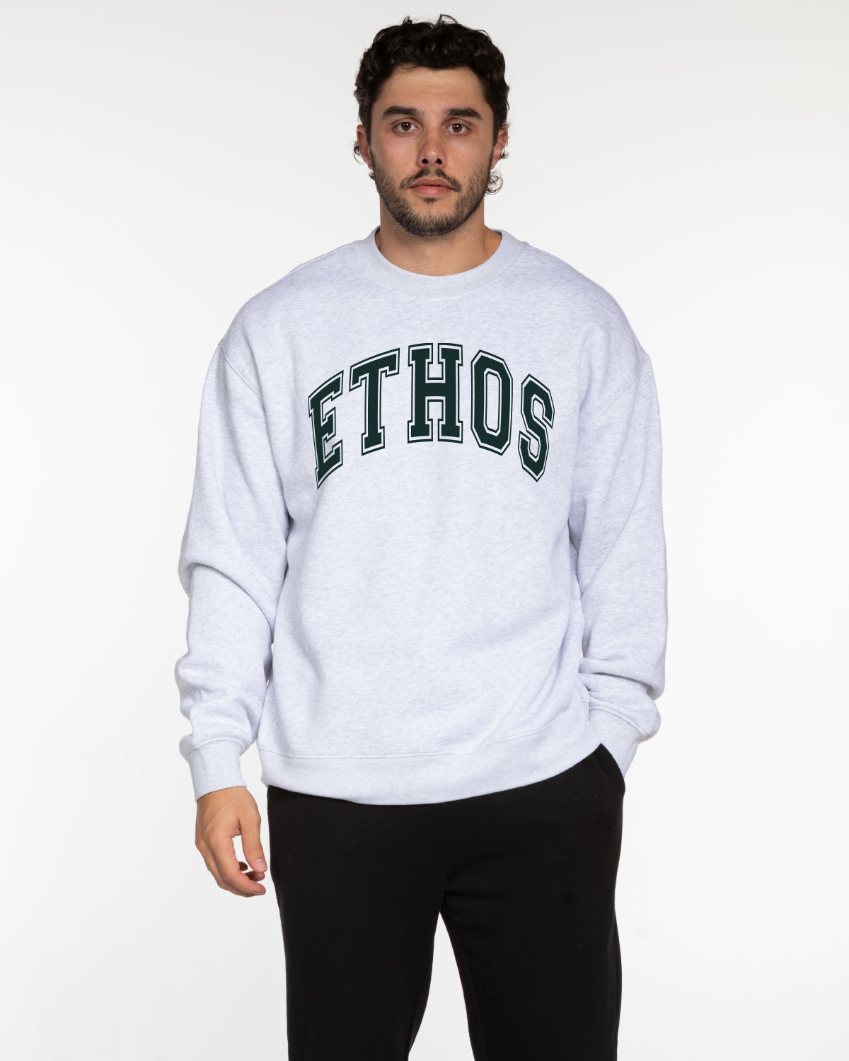The Mens Crewneck - White Heather - Ethos Collegiate - Center Chest - Pine Green