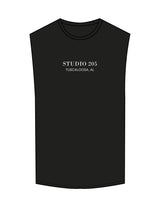 The Muscle Tank - Black - Studio 205 - Chest Stacked  & Back Stacked - Printed - White