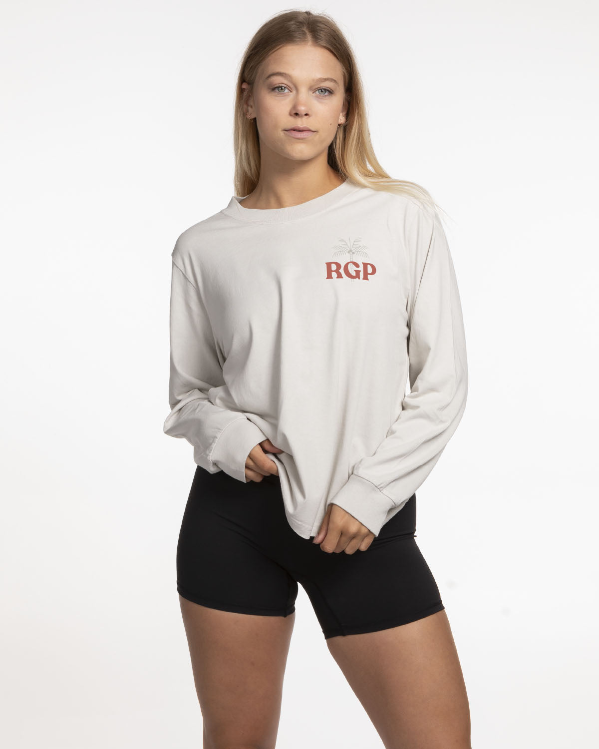 The Womens Heavyweight Long Sleeve - Washed Bone - Real Good Pilates - Left Chest "RGP" & Center Back Wavy - Printed - Full Color