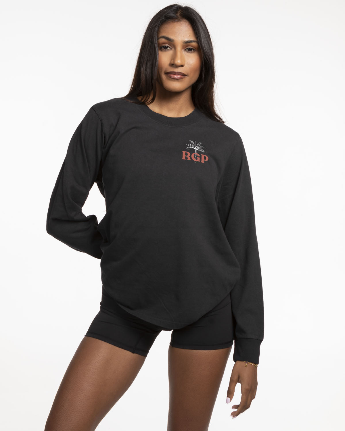 The Womens Heavyweight Long Sleeve - Washed Black - Real Good Pilates - Left Chest "RGP" & Center Back Wavy - Printed - Full Color