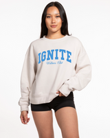 The Womens Crewneck - Bone - Ignite Barre - Center Chest Stacked - UCLA Blue Printed