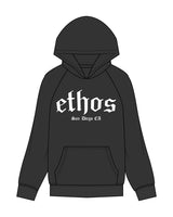 The Mens Hoodie - Washed Black - Ethos Old English - Center Chest Stacked - White