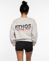 The Mens Crewneck - Washed Bone  - Ethos Racing - Left & Right Chest Center & Back Center Stacked - Full Color