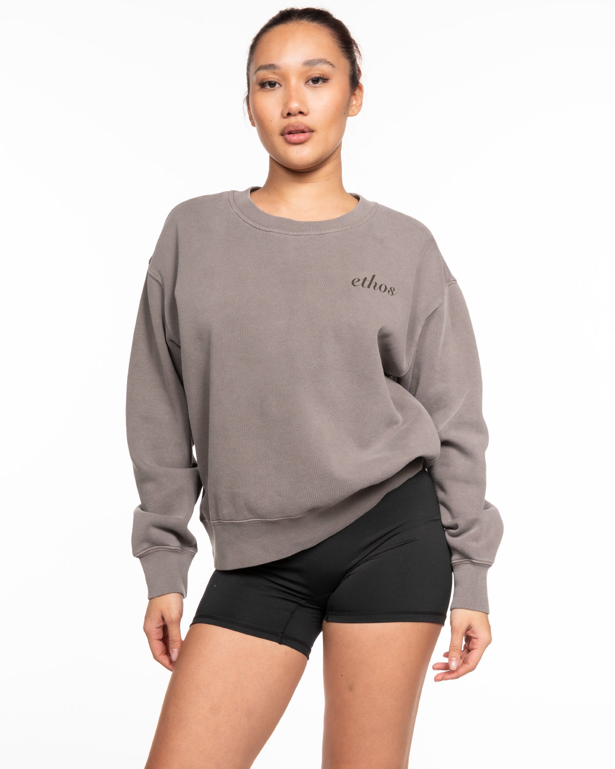 The Womens Crewneck - Washed Gray - Ethos Script - Left Chest - Tone on Tone