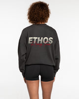 The Mens Crewneck - Washed Black - Ethos Racing - Left & Right Chest Center & Back Center Stacked - Full Color