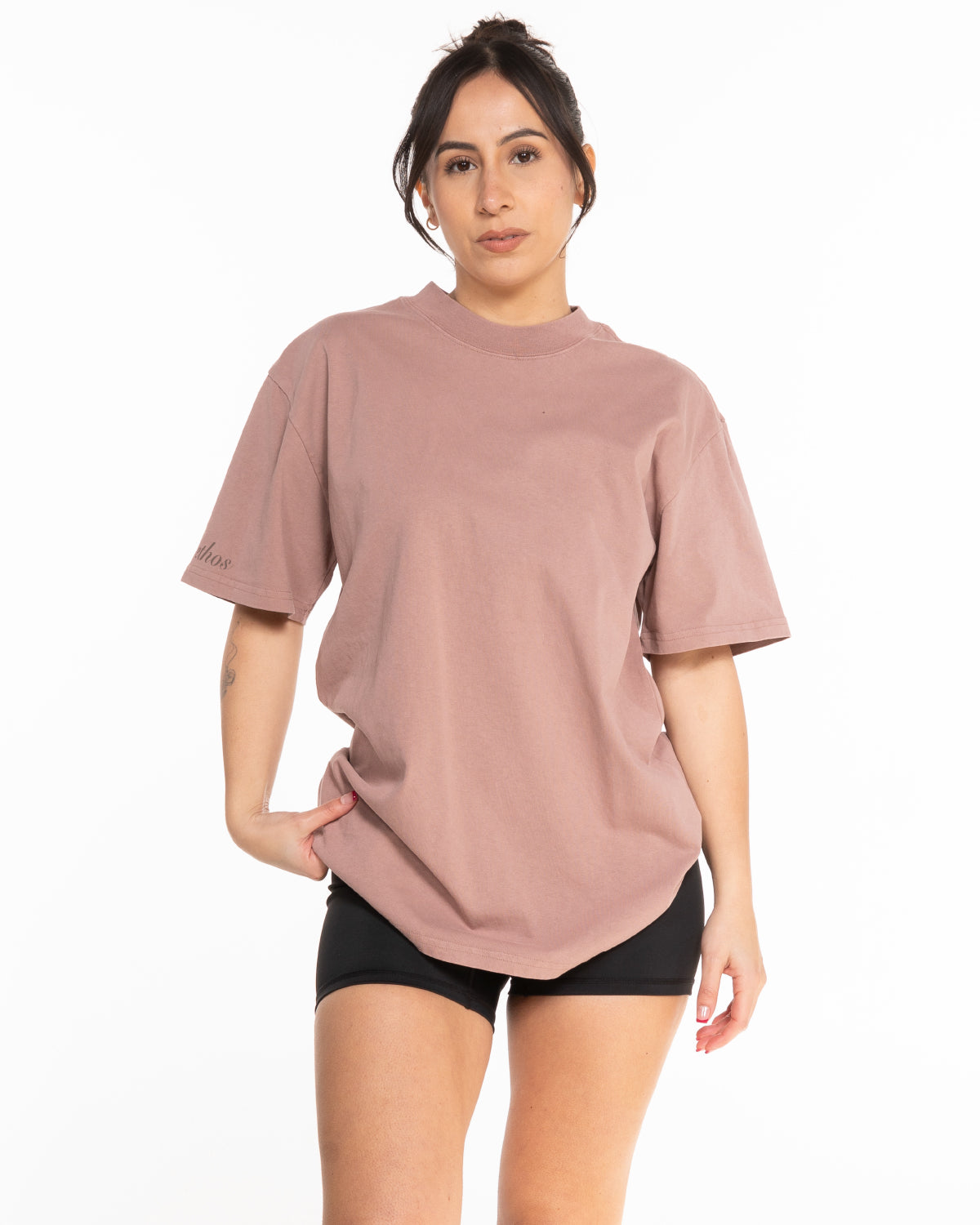 The Womens Heavyweight Tee - Washed Clay - Ethos Script - Right Sleeve - Tone on Tone