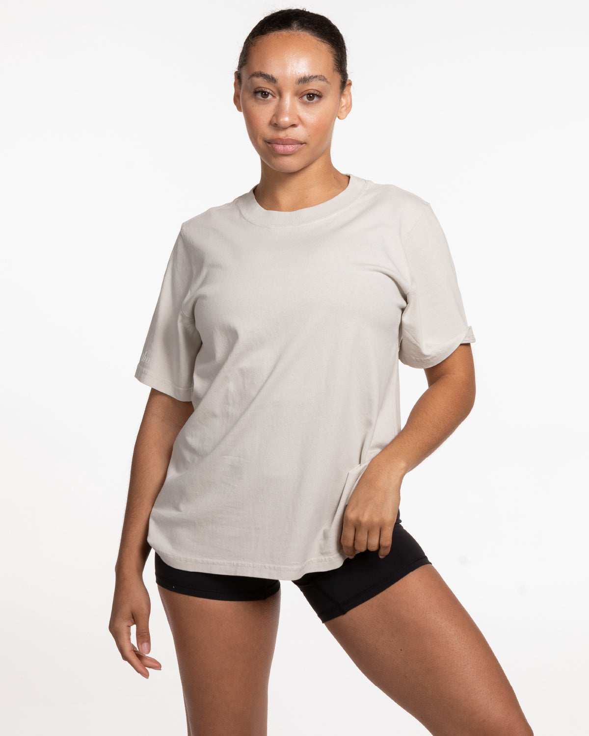 The Womens Heavyweight Tee - Washed Bone - Ethos Script - Right Sleeve - Tone on Tone