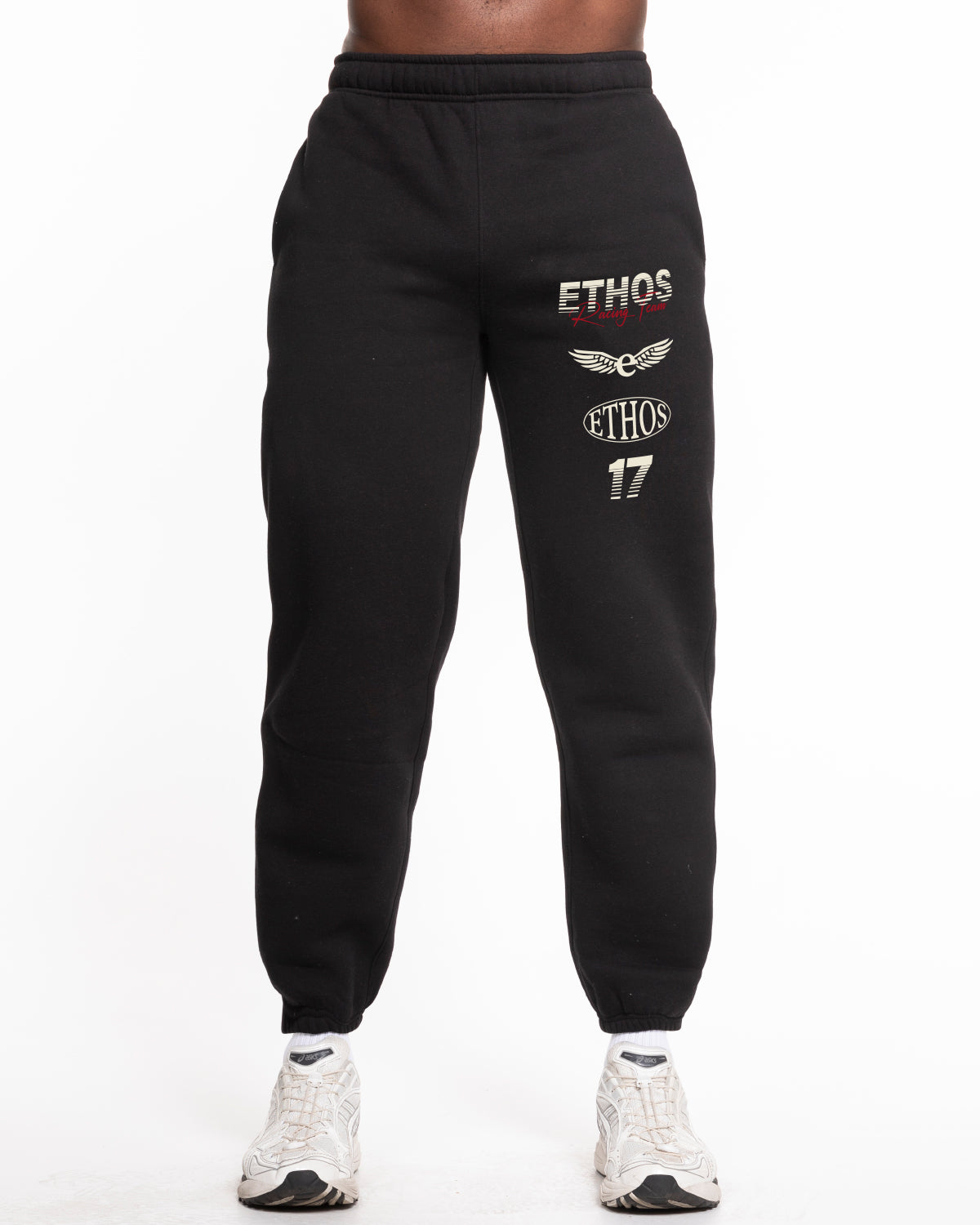 The Mens Straight Leg Sweatpants - Black - Ethos Racing - Left Leg Stacked - Below Pocket - Full Color