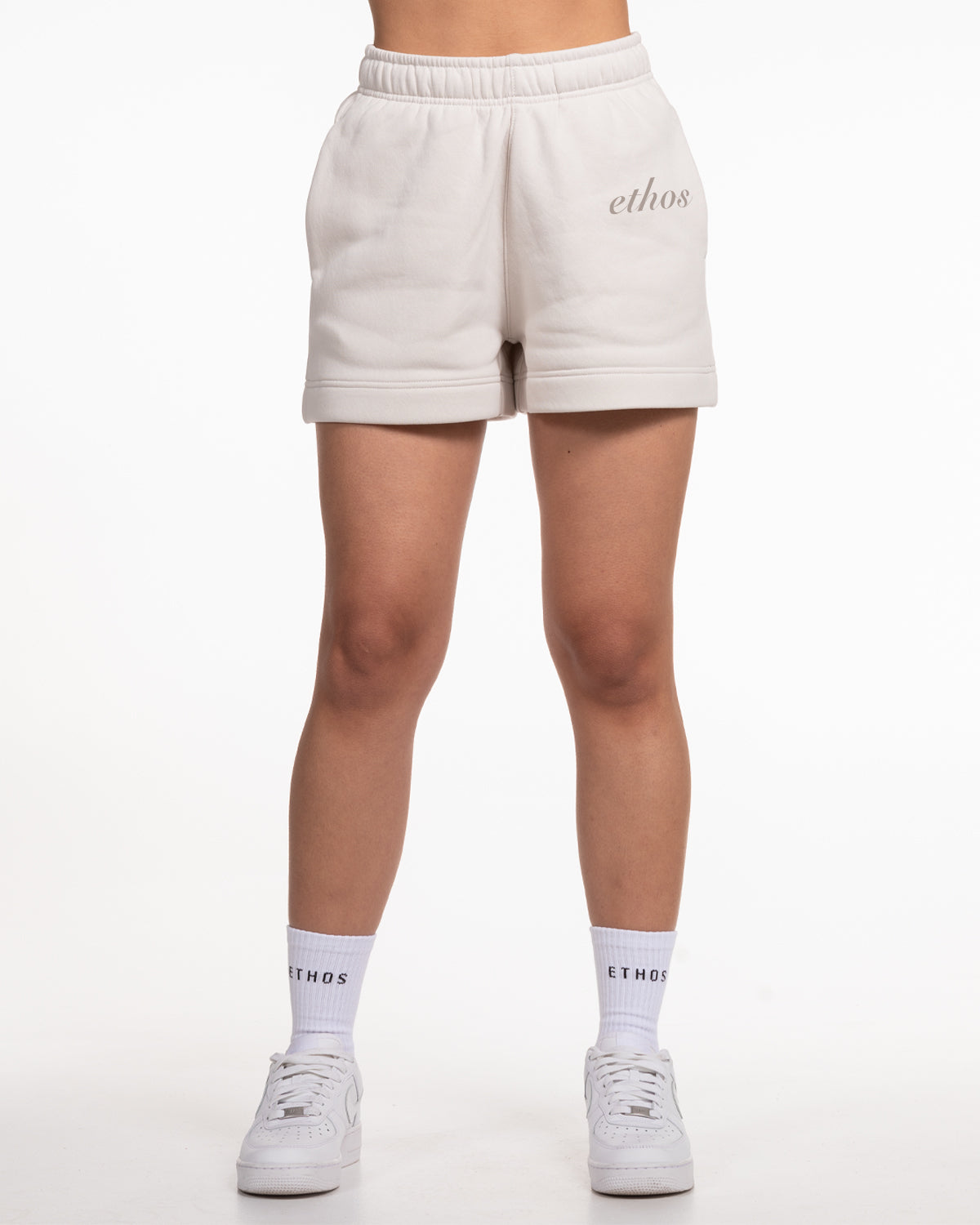 The Womens Sweat Shorts - Bone - Ethos Script - Left Leg Pocket - Tone on Tone