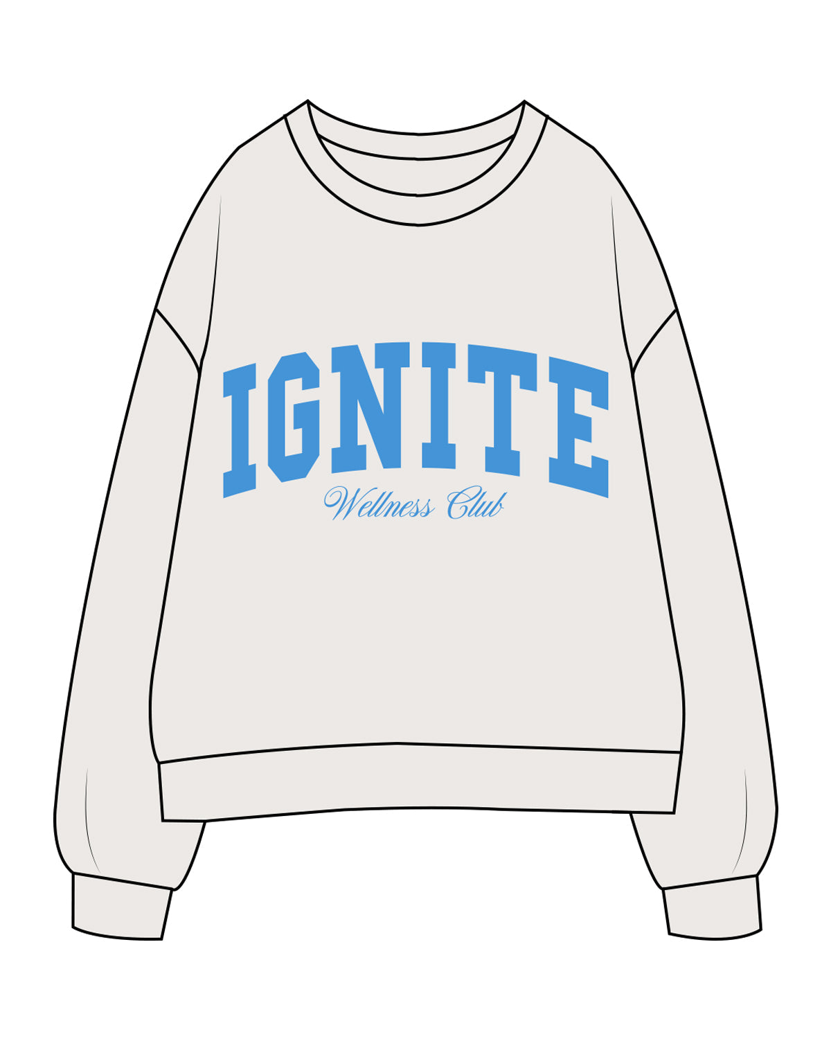 The Mens Crewneck - Bone - Ignite Barre & Fitness - Center Chest Stacked - UCLA Blue Printed