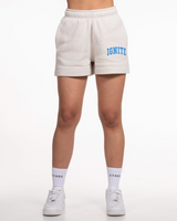 The Womens Sweat Shorts - Bone - Ignite Barre - Left Leg Stacked - UCLA Blue Printed