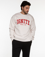 The Mens Crewneck - Bone - Ignite Barre - Center Chest Stacked - Red Printed