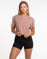 The Crop Tee - Clay - Ethos Wavy - Left Chest & Back Center Stacked - White