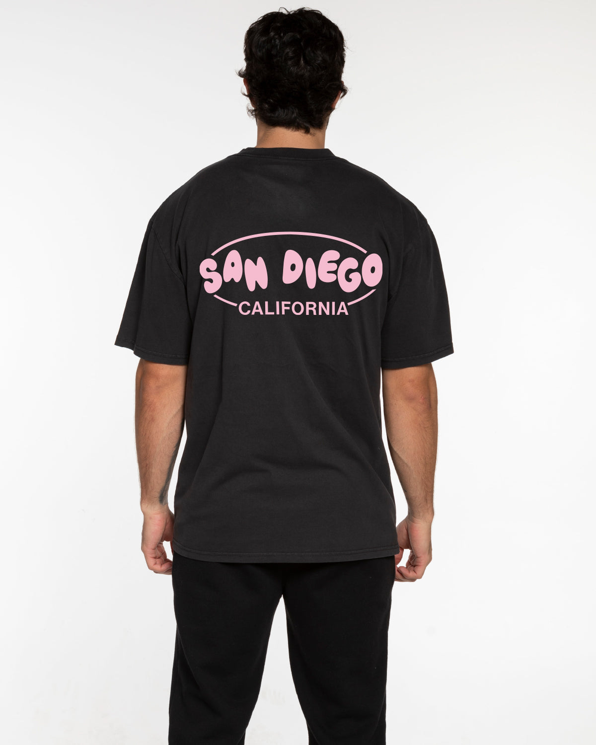 The Mens Heavyweight Tee - Washed Black - Ethos Bubble - Left Chest & Back Center - Pink