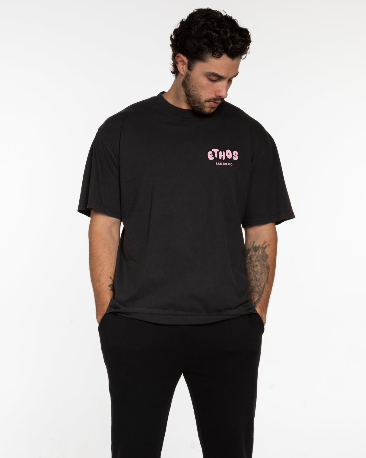 The Mens Heavyweight Tee - Washed Black - Ethos Bubble - Left Chest & Back Center - Pink