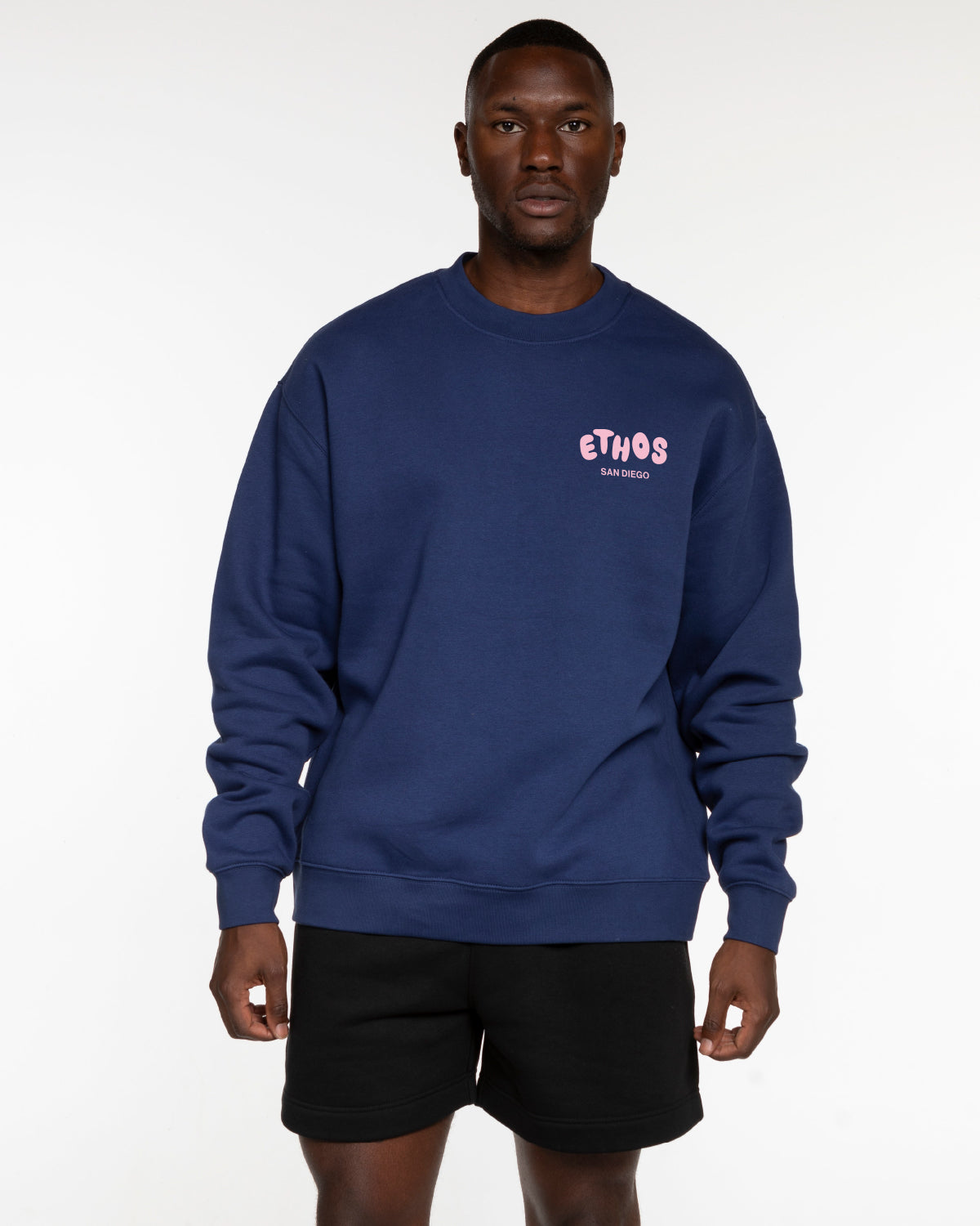 The Mens Crewneck - Cobalt - Ethos Bubble - Left Chest & Back Center - Pink