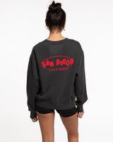 The Womens Crewneck - Washed Black - Ethos Bubble - Left Chest & Back Center - Neon Red