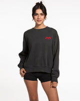 The Womens Crewneck - Washed Black - Ethos Bubble - Left Chest & Back Center - Neon Red