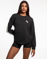 The Womens Heavyweight Long Sleeve - Washed Black - Spring House - Left Chest - Right Arm Text - Printed - Off White