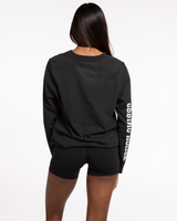 The Womens Heavyweight Long Sleeve - Washed Black - Spring House - Left Chest - Right Arm Text - Printed - Off White