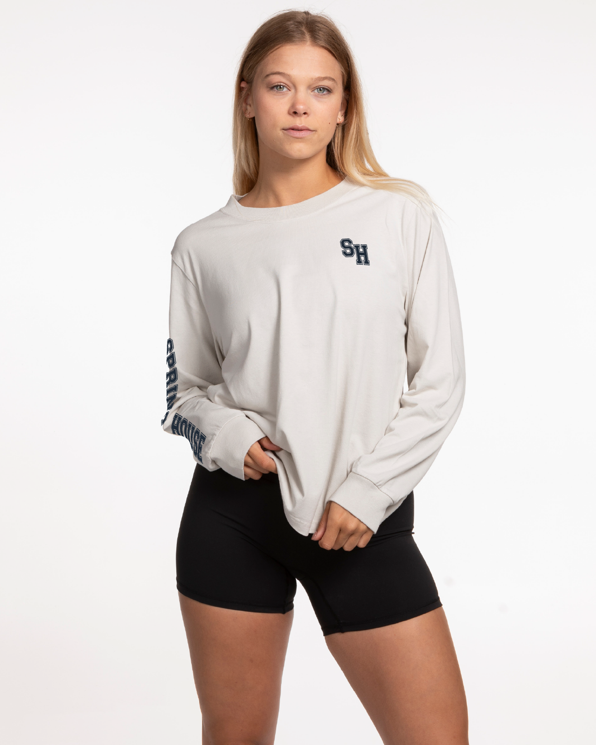 The Womens Heavyweight Long Sleeve - Washed Bone - Spring House - Left Chest - Right Arm Text - Printed - Navy