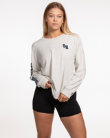 The Womens Heavyweight Long Sleeve - Washed Bone - Spring House - Left Chest - Right Arm Text - Printed - Navy