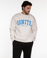 The Mens Crewneck - Bone - Ignite Barre & Fitness - Center Chest Stacked - UCLA Blue Printed