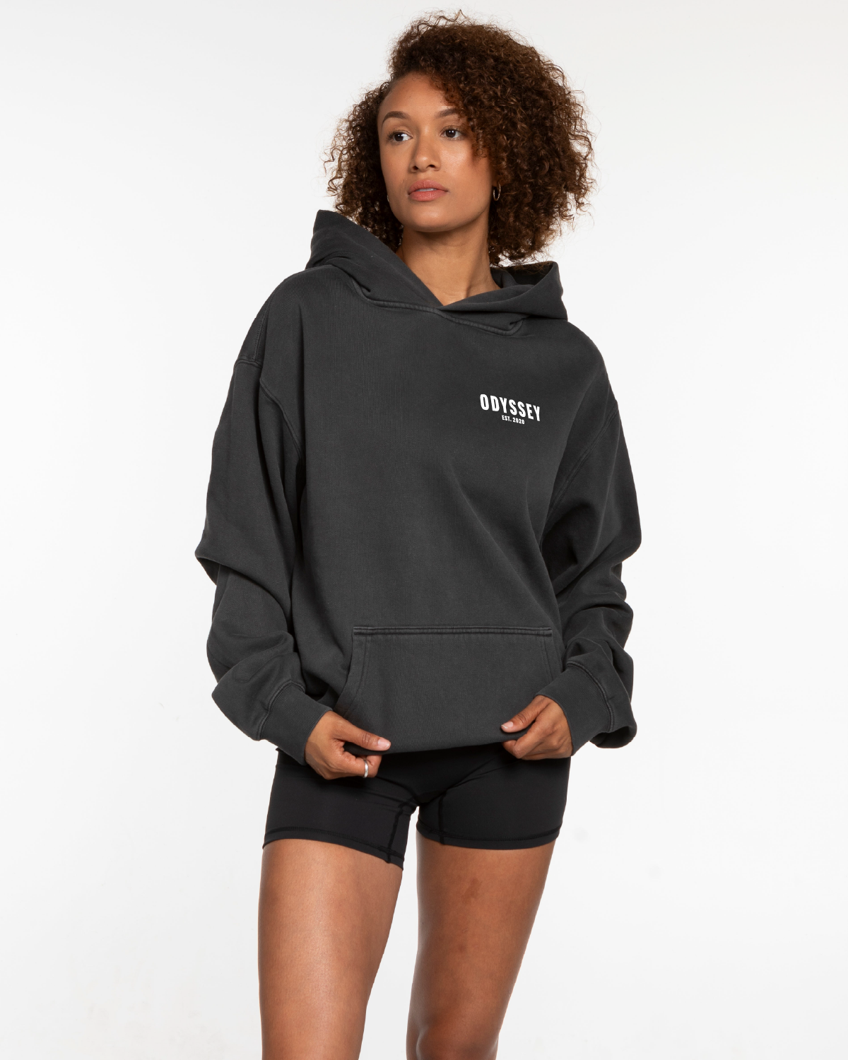 The Mens Hoodie - Washed Black - Odyssey - Left Chest Stacked & Back Center Stacked - White