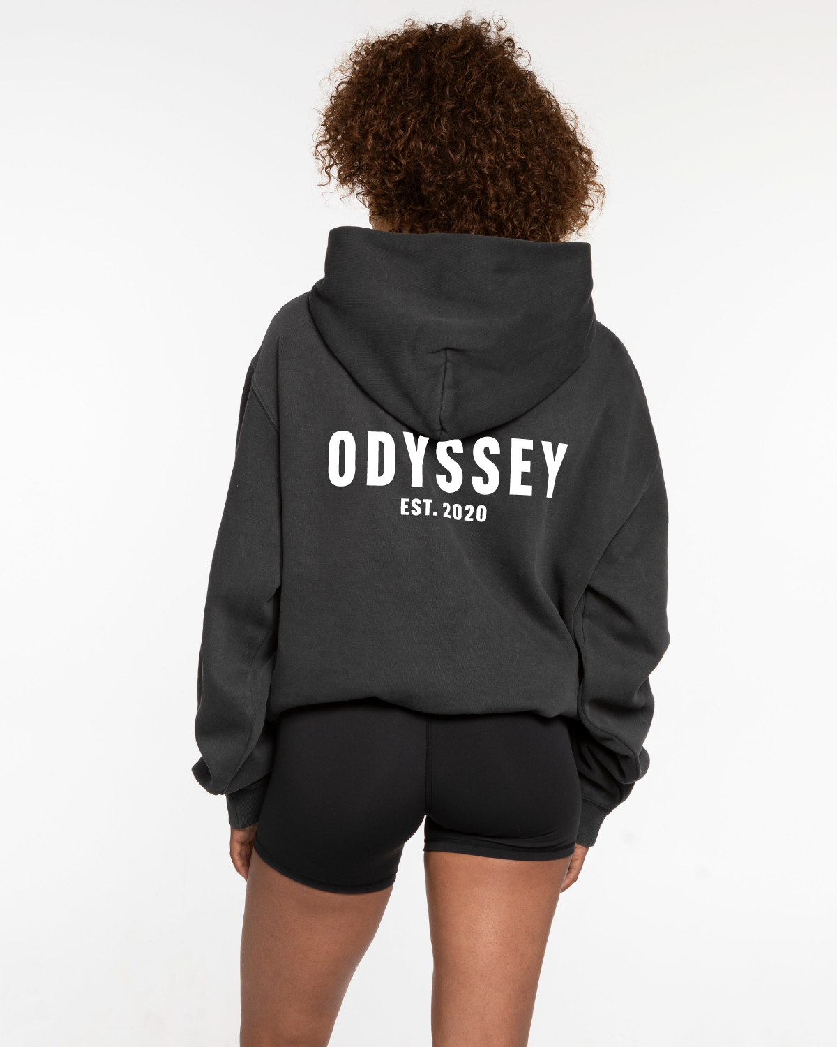 The Mens Hoodie - Washed Black - Odyssey - Left Chest Stacked & Back Center Stacked - White