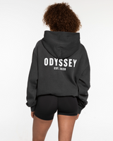 The Mens Hoodie - Washed Black - Odyssey - Left Chest Stacked & Back Center Stacked - White