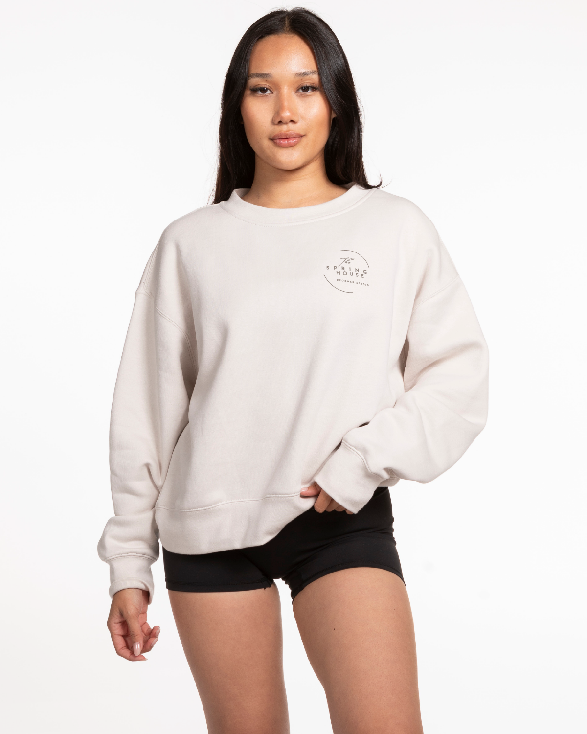 The Womens Crewneck - Bone - Spring House - Spring House - Left Chest & Back Stacked - Tone on Tone