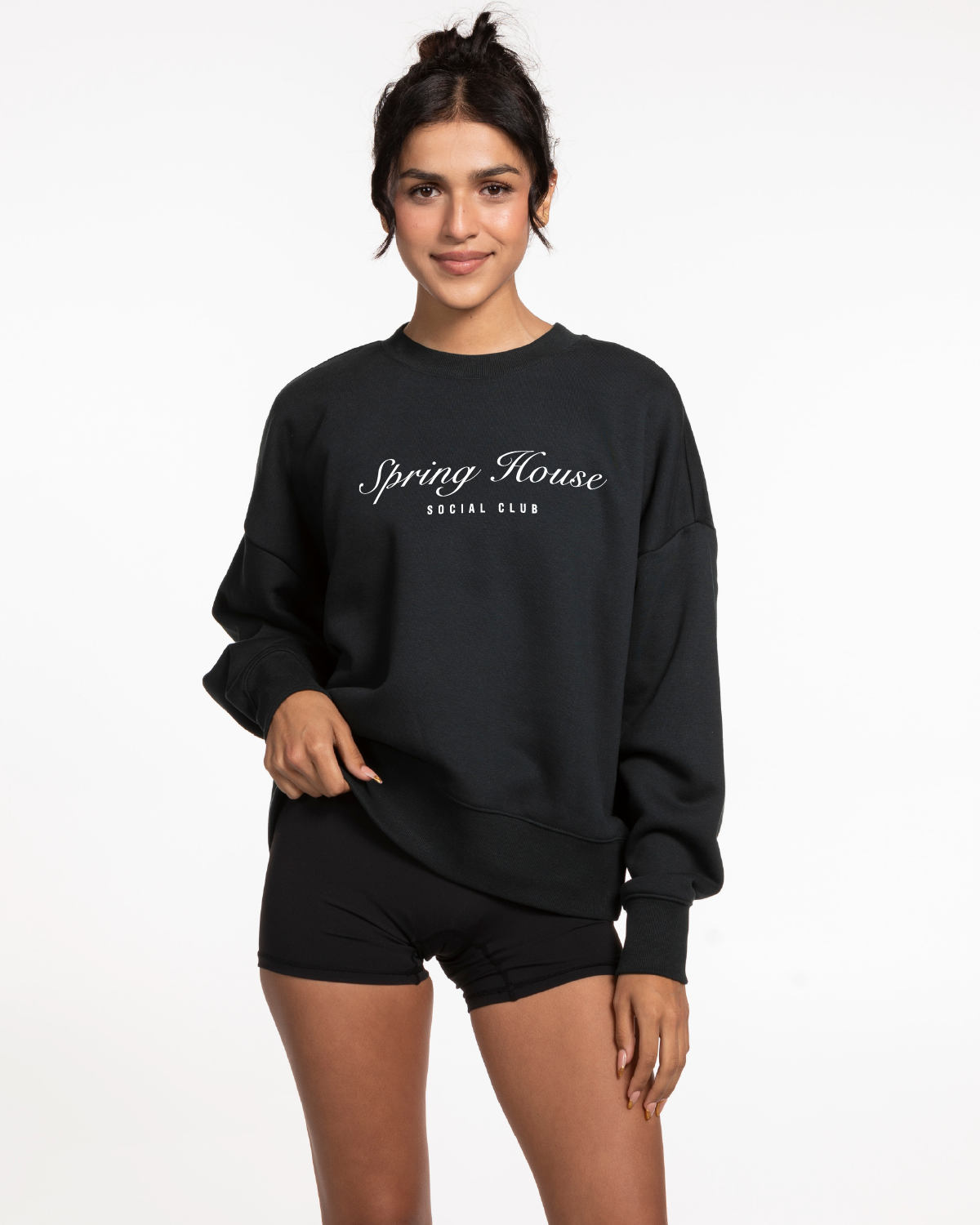 The Womens Heavyweight Crewneck - Pine Green - Spring House - Center Chest - White