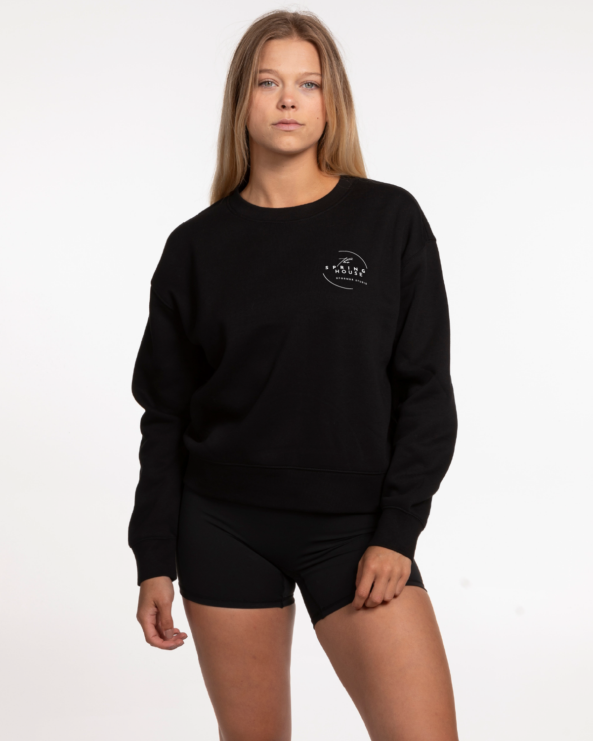 The Womens Crewneck - Black - Spring House - Left Chest Round - White
