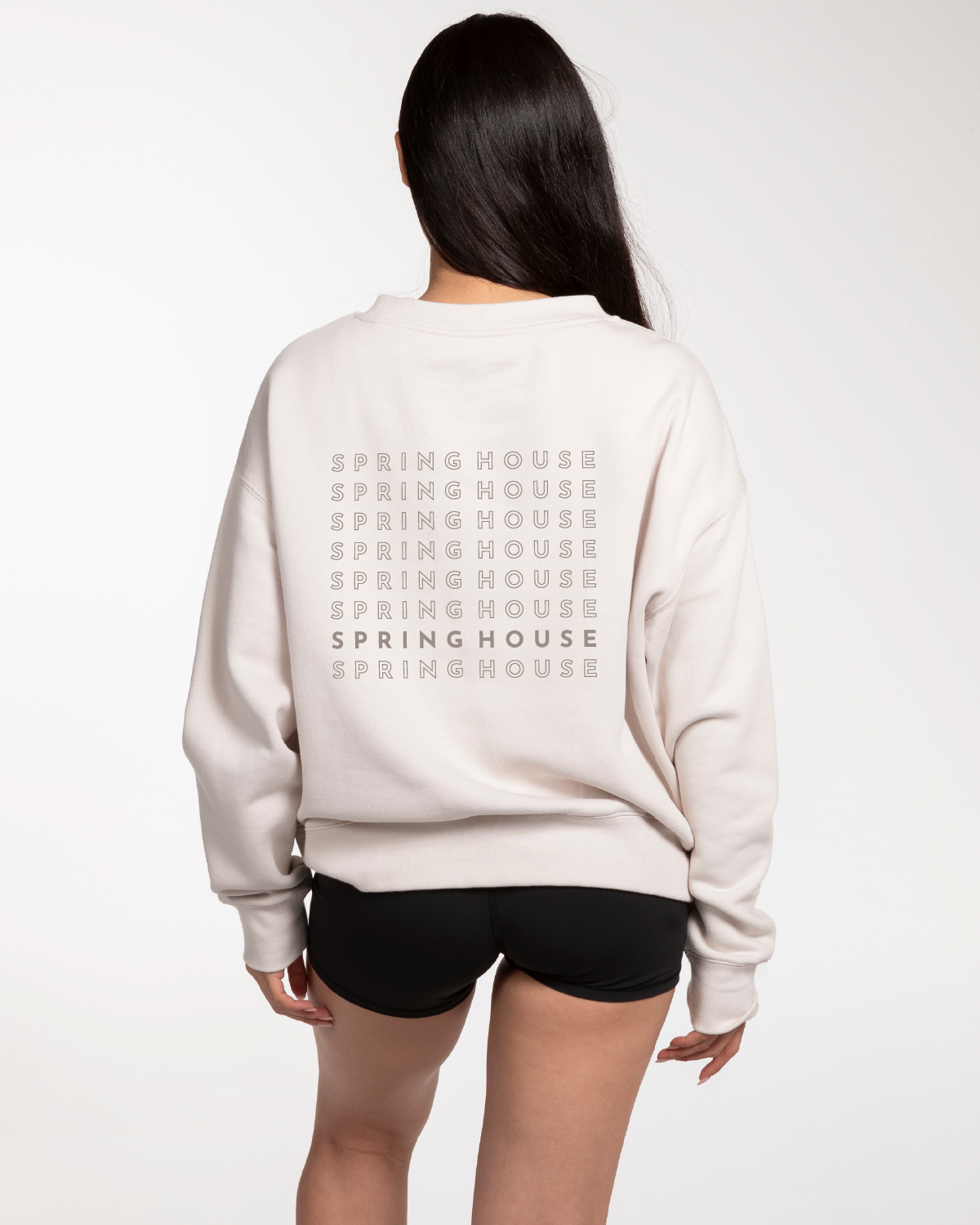 The Womens Crewneck - Bone - Spring House - Spring House - Left Chest & Back Stacked - Tone on Tone