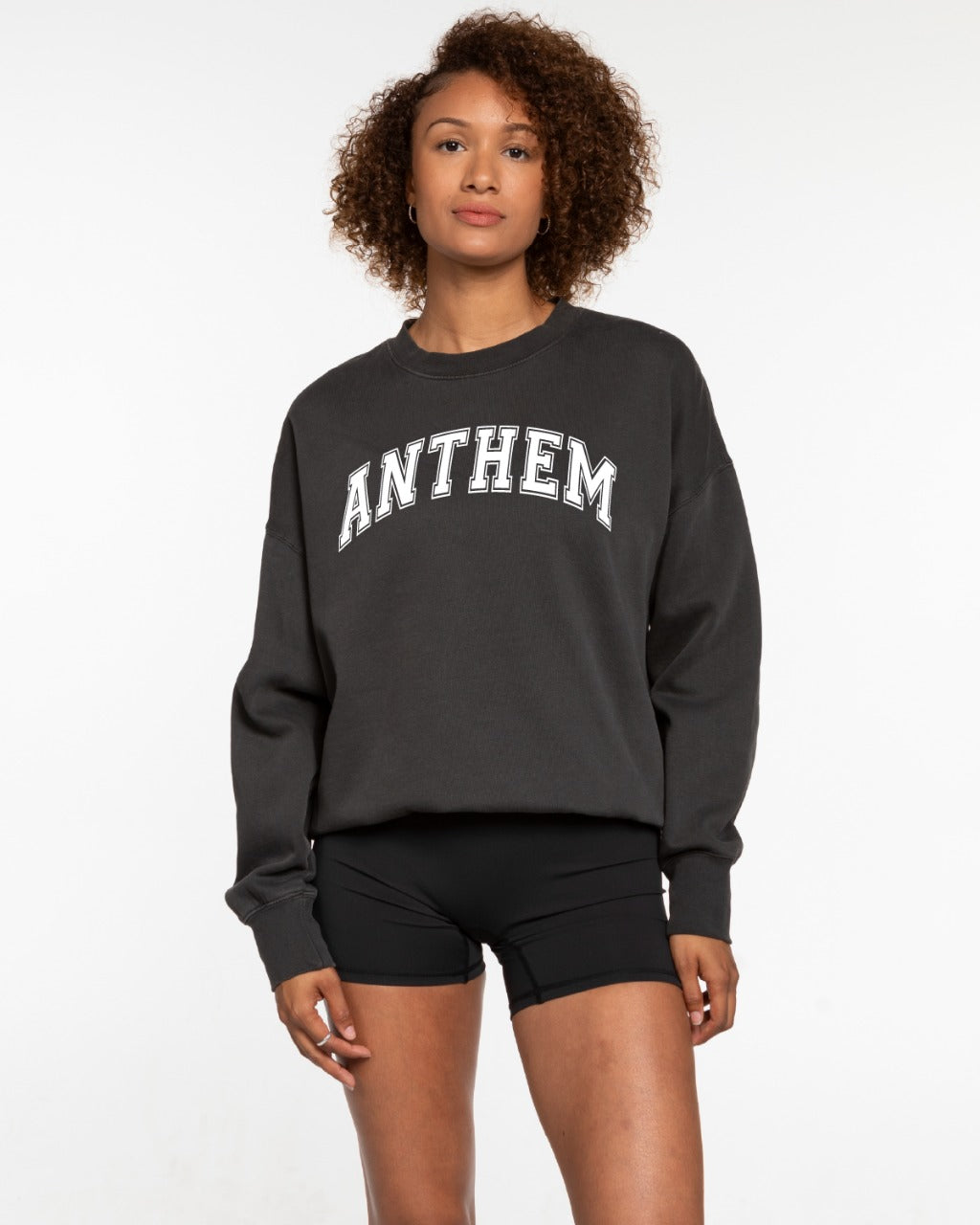 The Mens Crewneck - Washed Black - Anthem Church - Center Chest & Back Neckline - White