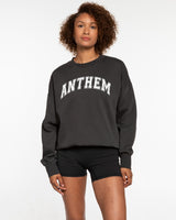The Mens Crewneck - Washed Black - Anthem Church - Center Chest & Back Neckline - White