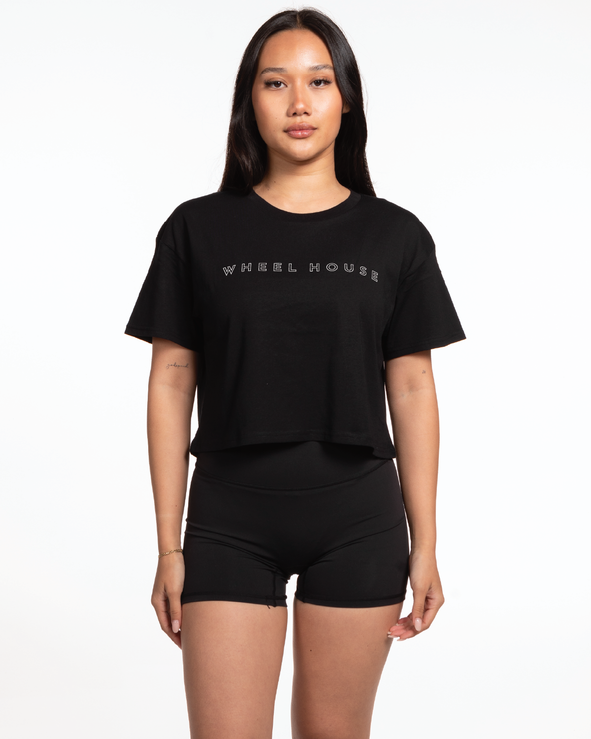 The Crop Tee - Black - Wheel House - Chest Center & Back Stacked - White