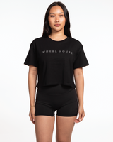 The Crop Tee - Black - Wheel House - Chest Center & Back Stacked - White
