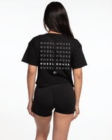 The Crop Tee - Black - Wheel House - Chest Center & Back Stacked - White